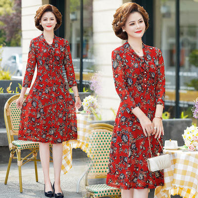 YCE-728-201新款洋气妈妈装印花弹力网纱A字裙修身连衣裙 商品图2