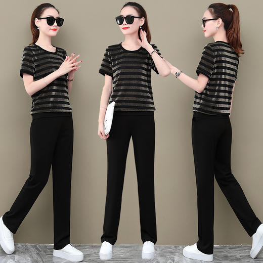 SPYG-1432008夏新款短袖长裤条纹运动装潮流休闲服两件套 商品图3