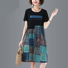 MQ-1006-A32夏装新款撞色拼接大码复古宽松短袖连衣裙YY