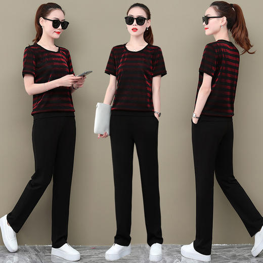 SPYG-1432008夏新款短袖长裤条纹运动装潮流休闲服两件套 商品图1