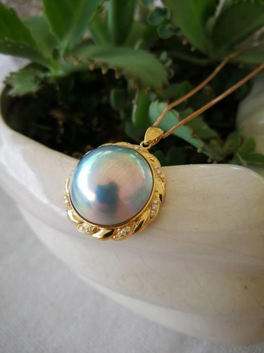 18K金镶钻石 巨美蓝灰色马贝珍珠项链吊坠 商品图2