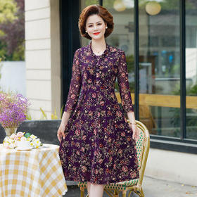 YCE-728-201新款洋气妈妈装印花弹力网纱A字裙修身连衣裙