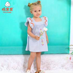 棉果果夏季女童条纹方领短袖连衣裙M222701220345