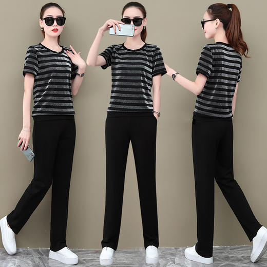SPYG-1432008夏新款短袖长裤条纹运动装潮流休闲服两件套 商品图2