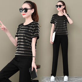 SPYG-1432008夏新款短袖长裤条纹运动装潮流休闲服两件套