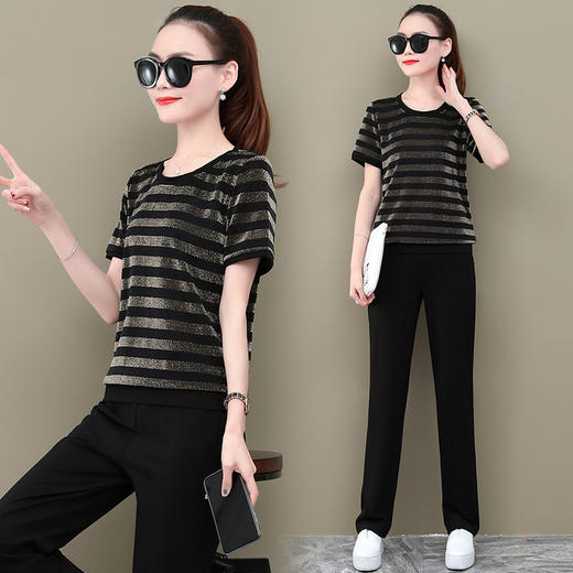 SPYG-1432008夏新款短袖长裤条纹运动装潮流休闲服两件套 商品图0
