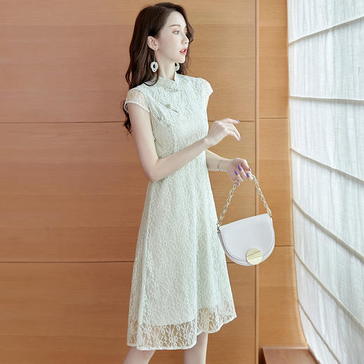 沫晗依美夏季新品气质旗袍式女连衣裙改良旗袍式盘扣装饰蕾丝连衣裙