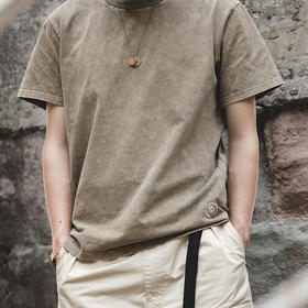工装优选 日系复古水洗做旧蜡染短Tee阿美咔叽夏季纯棉休闲半袖男