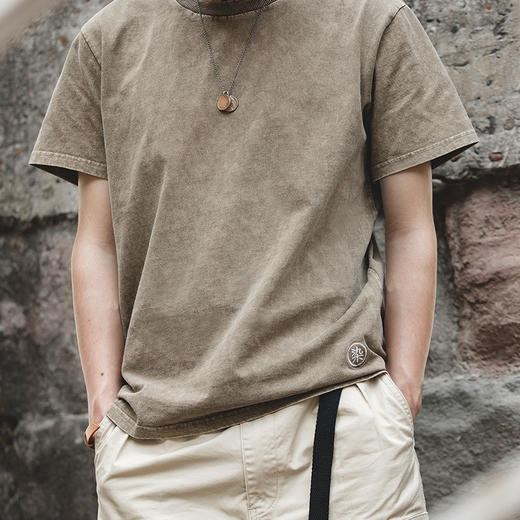 工装优选 日系复古水洗做旧蜡染短Tee阿美咔叽夏季纯棉休闲半袖男 商品图0