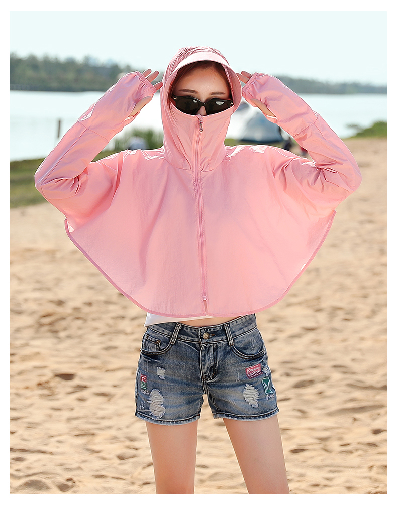 户外骑行服女电动车防晒披风透气连帽防晒衣四色tr266