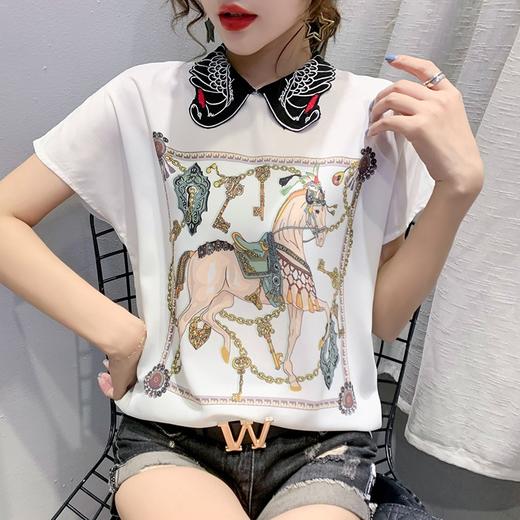 MZ-MZ4426新款时尚印花短袖雪纺娃娃领天鹅刺绣洋气小衫ZXH 商品图2