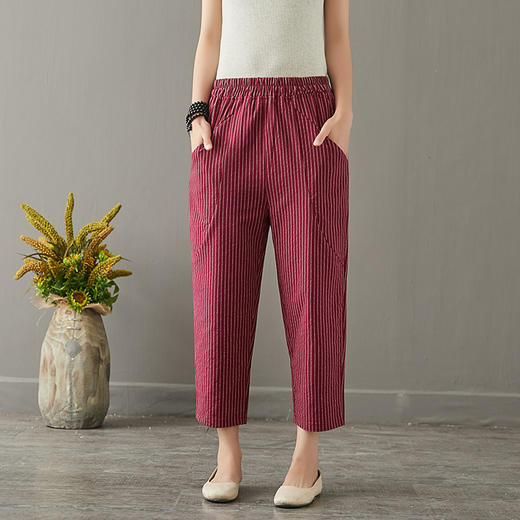 MQ-1776-811新款韩版高腰条纹棉麻宽松萝卜裤子YY 商品图2