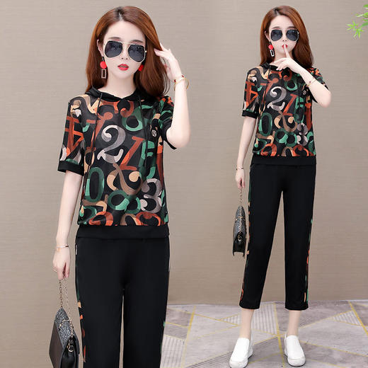 MQ-BY2308夏季新款宽松连帽印花短袖卫衣休闲裤两件套YY 商品图1