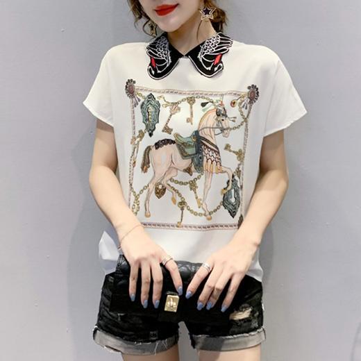 MZ-MZ4426新款时尚印花短袖雪纺娃娃领天鹅刺绣洋气小衫ZXH 商品图3