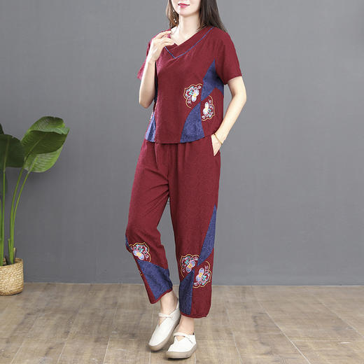 MQ-1776-008夏新款民族风短袖V领t恤+松紧腰九分裤两件套YY 商品图1