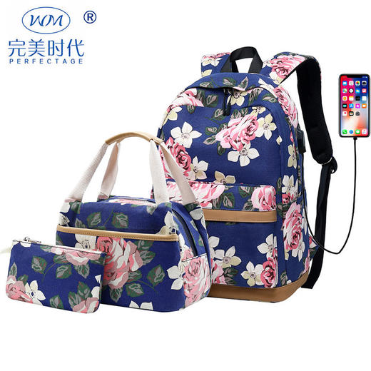 QXT-1003-1新款韩版印花双肩包USB电脑帆布包三件套 商品图3