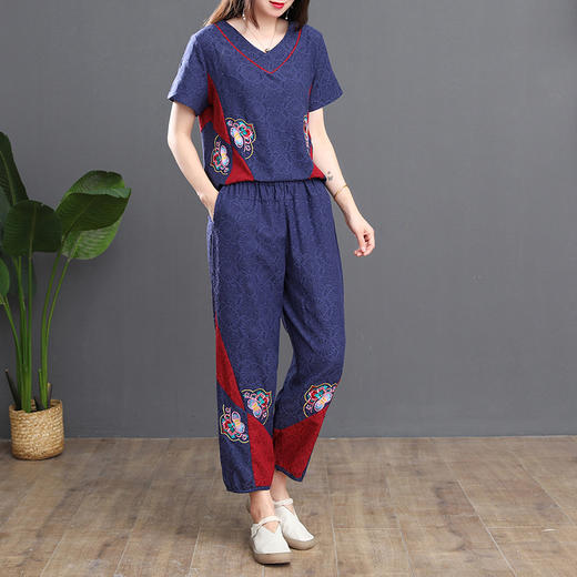 MQ-1776-008夏新款民族风短袖V领t恤+松紧腰九分裤两件套YY 商品图2