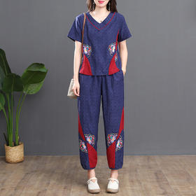 MQ-1776-008夏新款民族风短袖V领t恤+松紧腰九分裤两件套YY