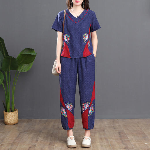 MQ-1776-008夏新款民族风短袖V领t恤+松紧腰九分裤两件套YY 商品图0