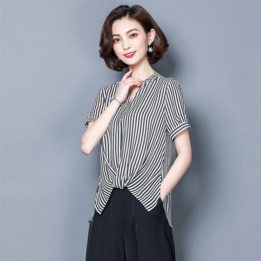 WZNH-CB1811时尚修身显瘦短袖个性甜美条纹衬衫 商品图1