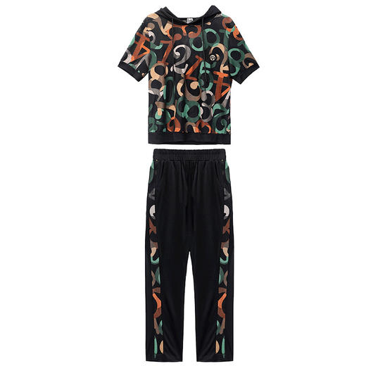 MQ-BY2308夏季新款宽松连帽印花短袖卫衣休闲裤两件套YY 商品图4