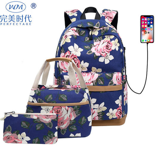 QXT-1003-1新款韩版印花双肩包USB电脑帆布包三件套 商品图0