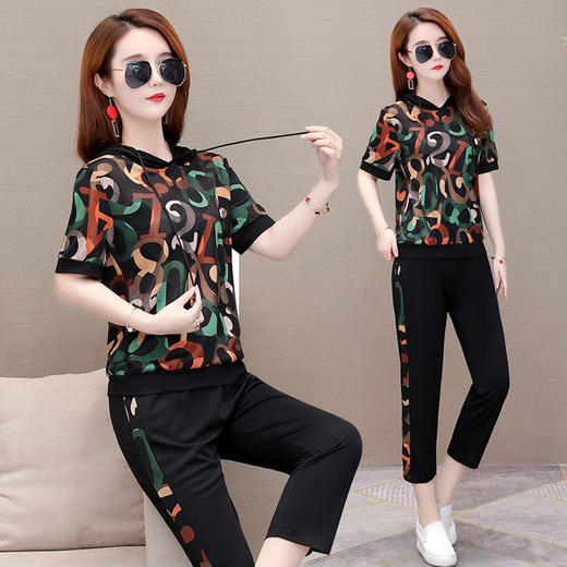 MQ-BY2308夏季新款宽松连帽印花短袖卫衣休闲裤两件套YY 商品图0