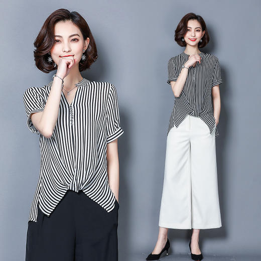 WZNH-CB1811时尚修身显瘦短袖个性甜美条纹衬衫 商品图4