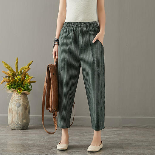 MQ-1776-811新款韩版高腰条纹棉麻宽松萝卜裤子YY 商品图3