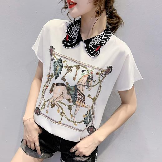 MZ-MZ4426新款时尚印花短袖雪纺娃娃领天鹅刺绣洋气小衫ZXH 商品图0