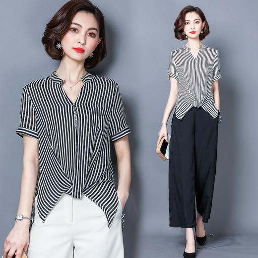 WZNH-CB1811时尚修身显瘦短袖个性甜美条纹衬衫 商品图0