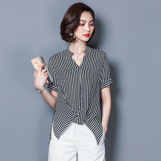 WZNH-CB1811时尚修身显瘦短袖个性甜美条纹衬衫 商品图2