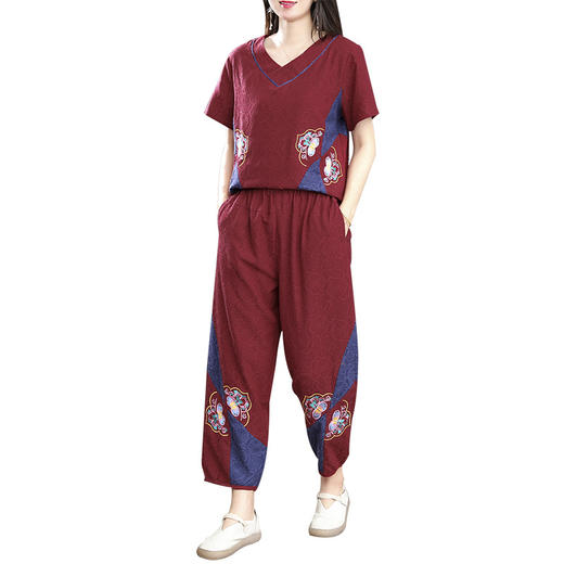 MQ-1776-008夏新款民族风短袖V领t恤+松紧腰九分裤两件套YY 商品图4