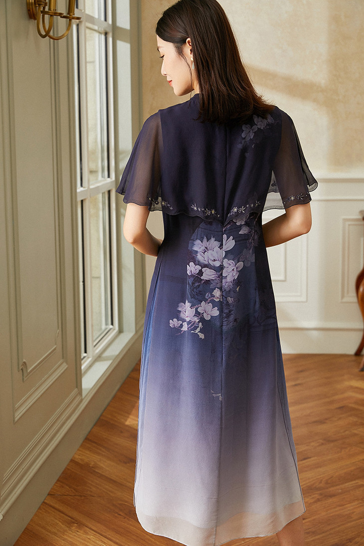 xnx5082高品质里外真丝手工刺绣披肩款气质连衣裙