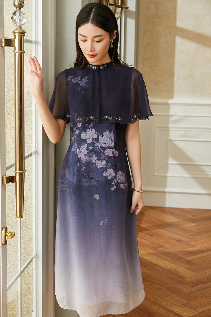 xnx5082高品质里外真丝手工刺绣披肩款气质连衣裙