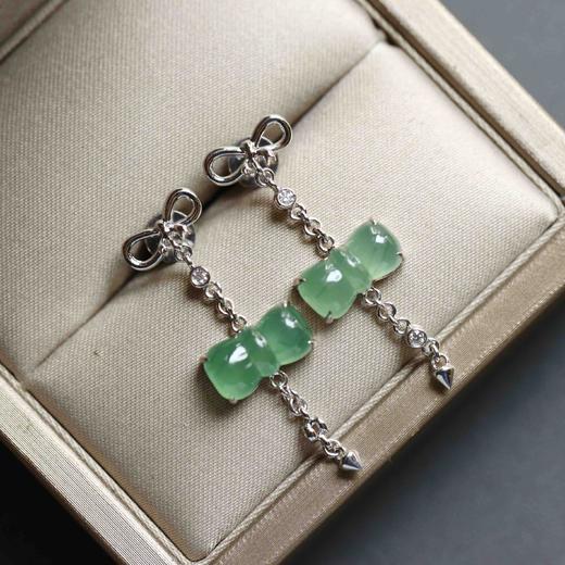 冰种晴水绿翡翠蝴蝶结耳坠18k白金钻石镶嵌 商品图2