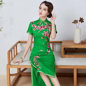 QC-1697802真丝桑蚕丝长款手工盘扣旗袍连衣裙