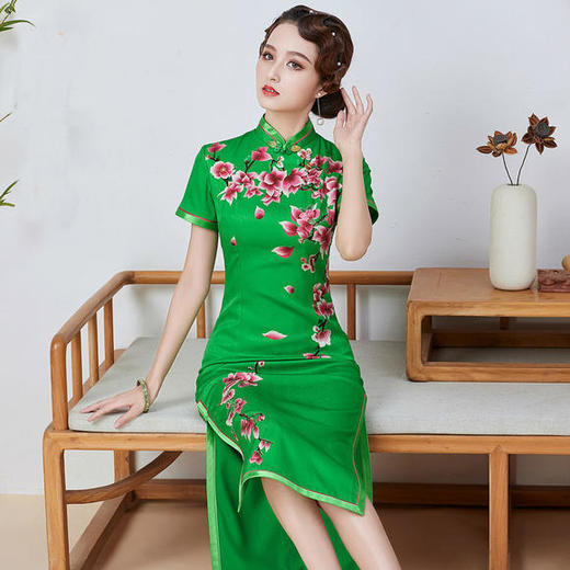 QC-1697802真丝桑蚕丝长款手工盘扣旗袍连衣裙 商品图0