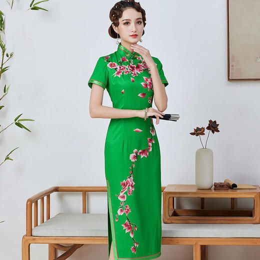 QC-1697802真丝桑蚕丝长款手工盘扣旗袍连衣裙 商品图2
