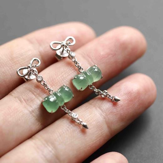 冰种晴水绿翡翠蝴蝶结耳坠18k白金钻石镶嵌 商品图8