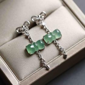 冰种晴水绿翡翠蝴蝶结耳坠18k白金钻石镶嵌