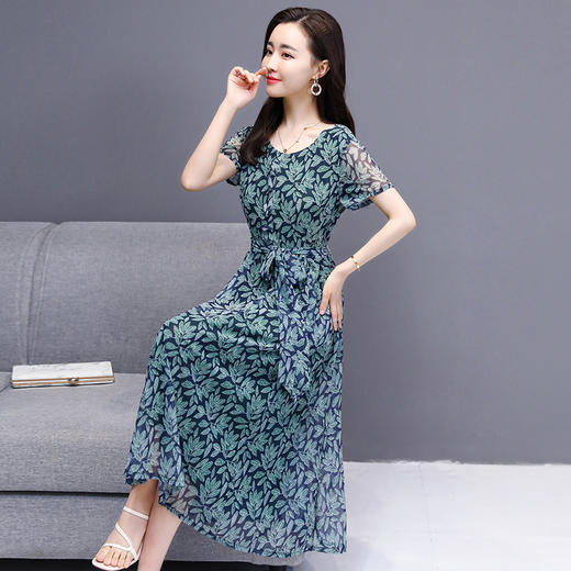 WZNH-CLYZ2026（配腰带）夏季圆领中腰套头时尚印花短袖收腰显瘦连衣裙 商品图3