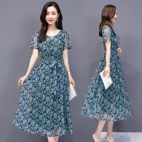 WZNH-CLYZ2026（配腰带）夏季圆领中腰套头时尚印花短袖收腰显瘦连衣裙