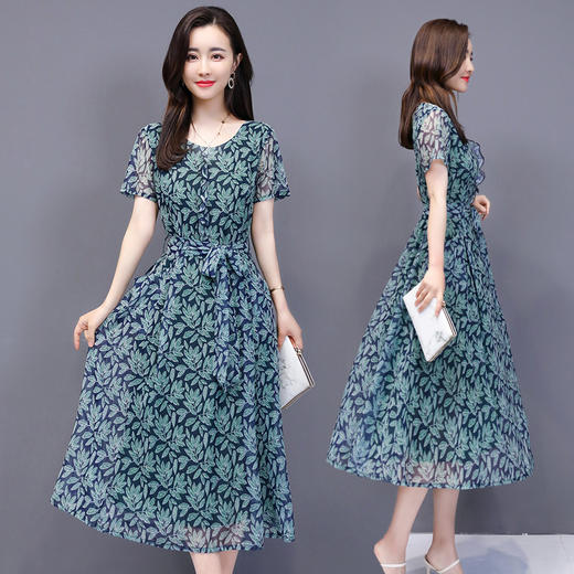 WZNH-CLYZ2026（配腰带）夏季圆领中腰套头时尚印花短袖收腰显瘦连衣裙 商品图0
