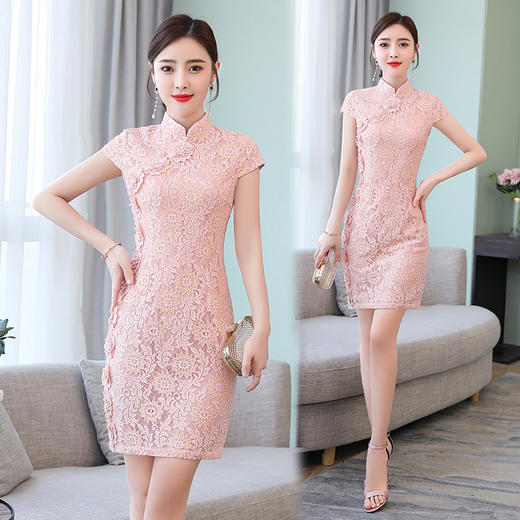 WZNH-YBX5887夏季时尚蕾丝通勤中腰常规单件短袖连衣裙 商品图1