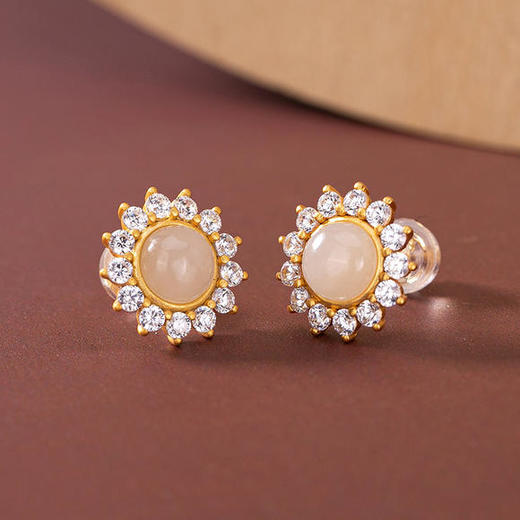 s925纯银和田玉白玉个性太阳花简约气质耳钉cw