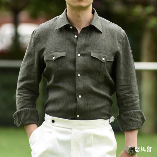 Canclini 法国亚麻军绿色意式工艺衬衫 商品图0