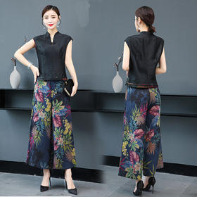 WZNH-YIZX7272纯色无袖上衣新款碎花阔脚裤两件套装