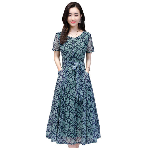 WZNH-CLYZ2026（配腰带）夏季圆领中腰套头时尚印花短袖收腰显瘦连衣裙 商品图4