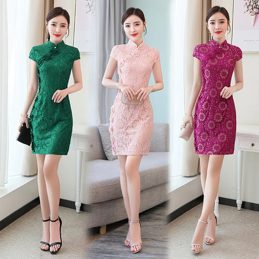 WZNH-YBX5887夏季时尚蕾丝通勤中腰常规单件短袖连衣裙 商品图0